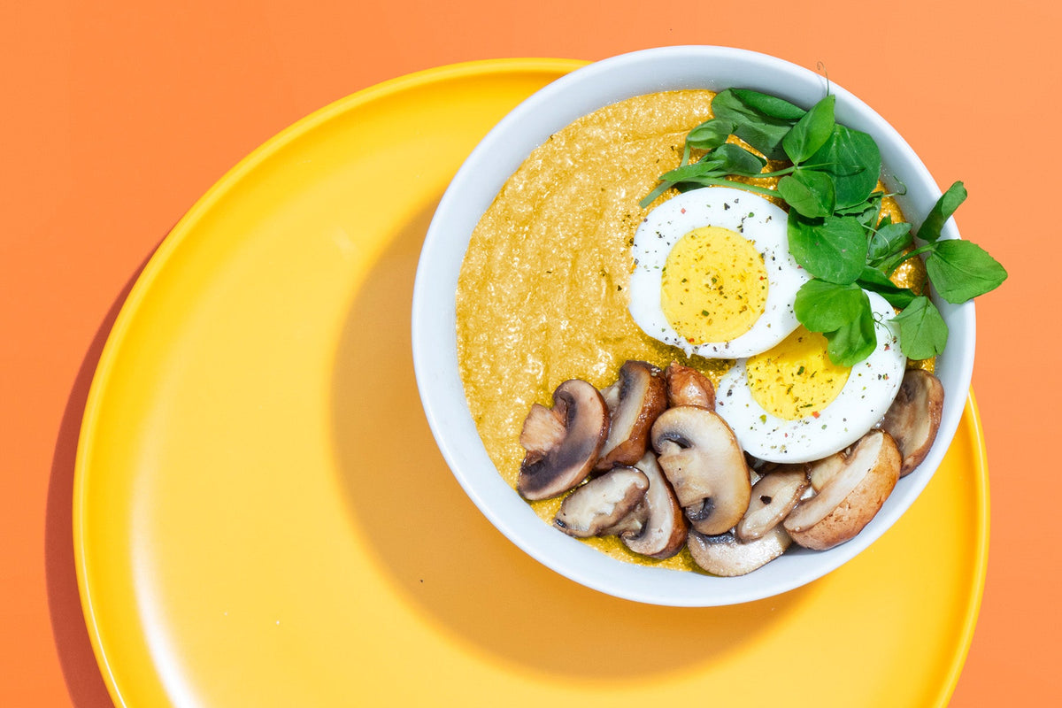 Amaranth Polenta with Steamed Eggs, Mushrooms and Pea Shoots